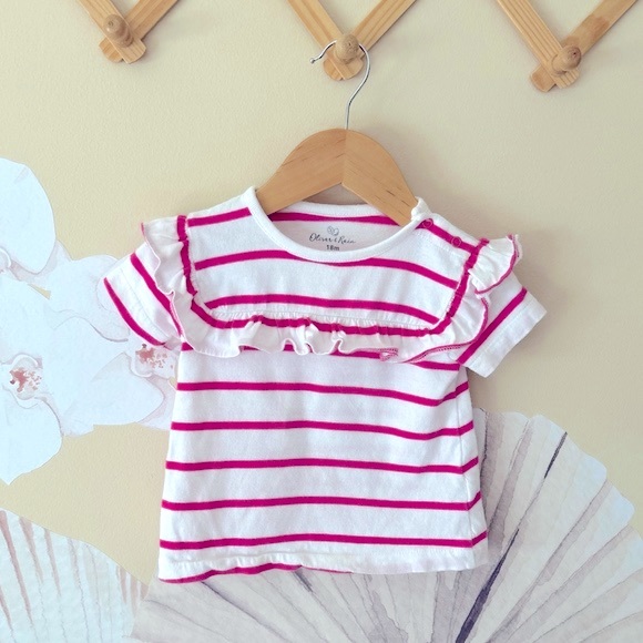 Oliver & Rain Organic Cotton Pink Stripe Ruffle Tee, 18M - Picture 3 of 7